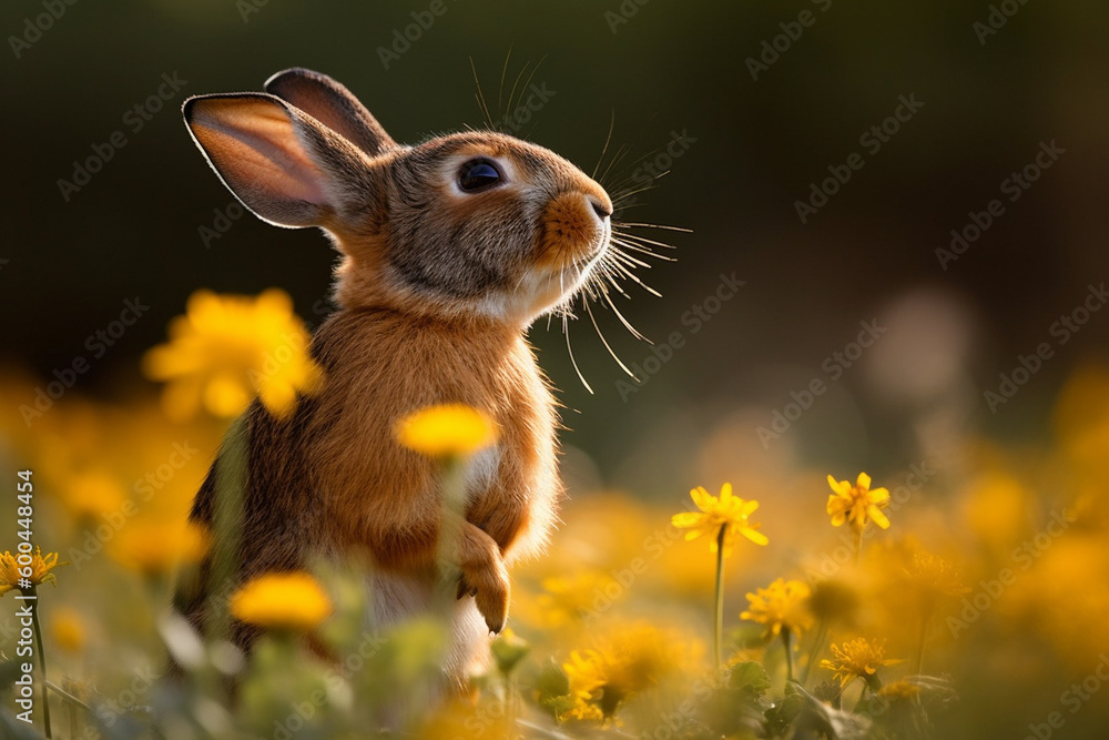 A brown rabbit standing in a field of yellow flowers, Generative AI