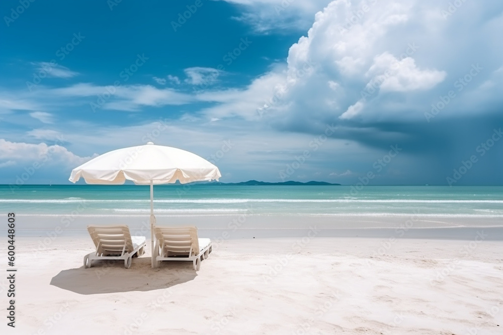 Beautiful beach, White sand, chairs and umbrella summer vacation background, Generative AI