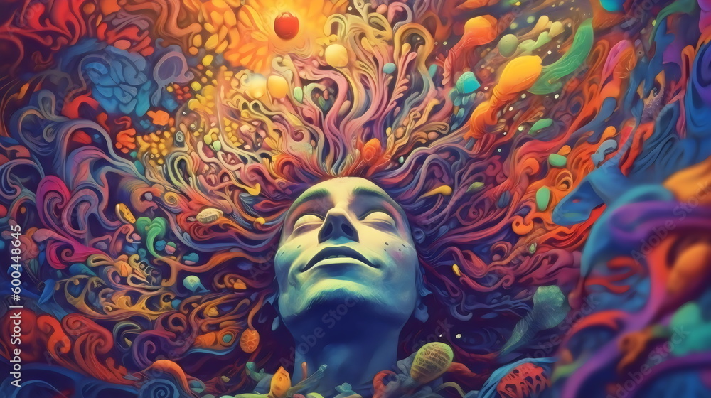 psychedelic drug trip with person in foreground with closed eyes, made with generative ai