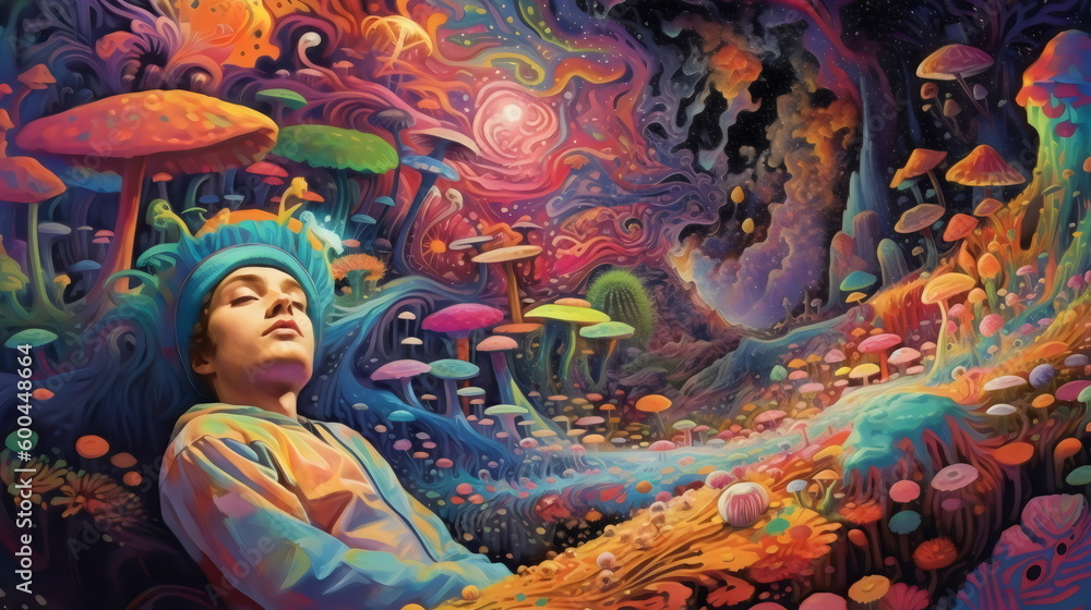 60s psychedelic drug trip with person laying in foreground with closed eyes and colorful mushrooms, made with generative ai