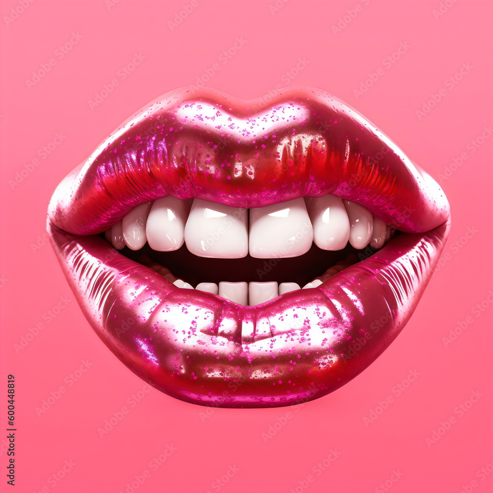 Obraz premium mouth, metallic pink lips and teeth isolated on pink background, made with generative ai