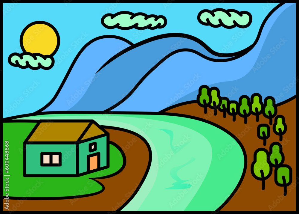 Line illustration pack. view of mountains and houses