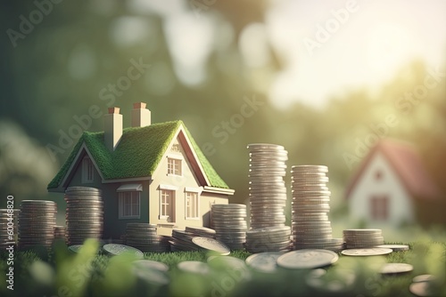 Stacks of coins and house on top. Saving for home concept. Generative AI