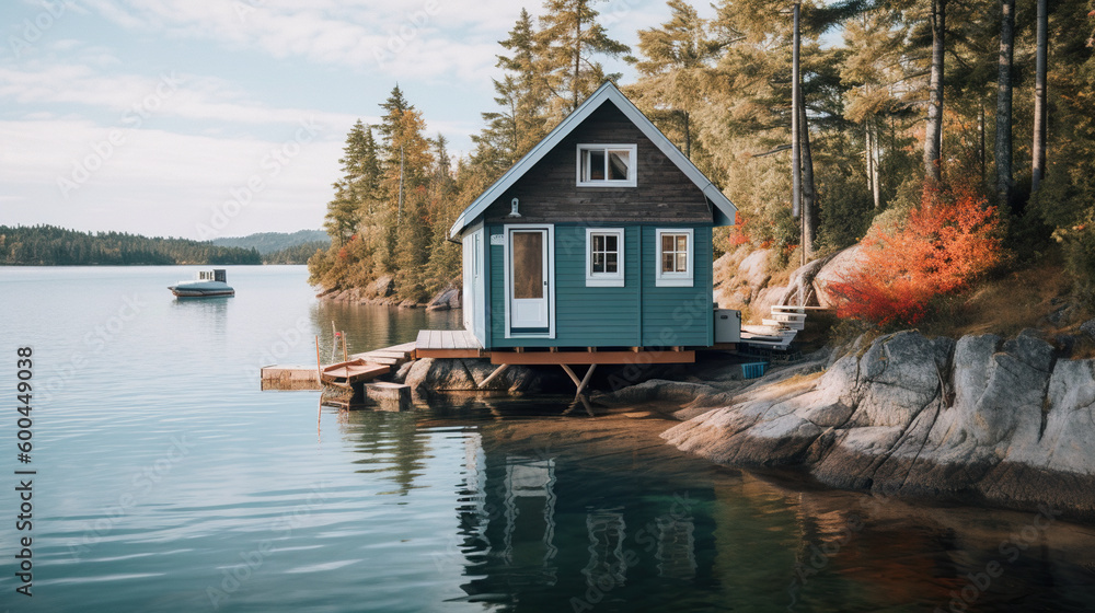 A small house sitting on top of a rock next to a body of water. AI generative. Tiny house, houseboat. Generative AI