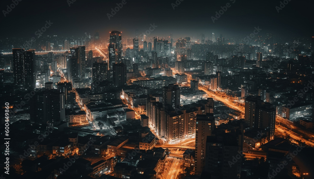Glowing city skyline at dusk, bustling nightlife generated by AI