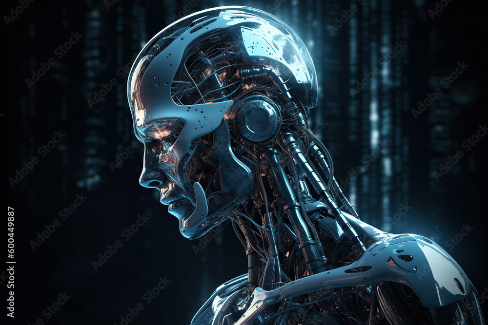 Generative AI illustration of side view of futuristic shiny silver cyborg against dark background Generative AI illustration of side view of futuristic shiny silver cyborg against dark background