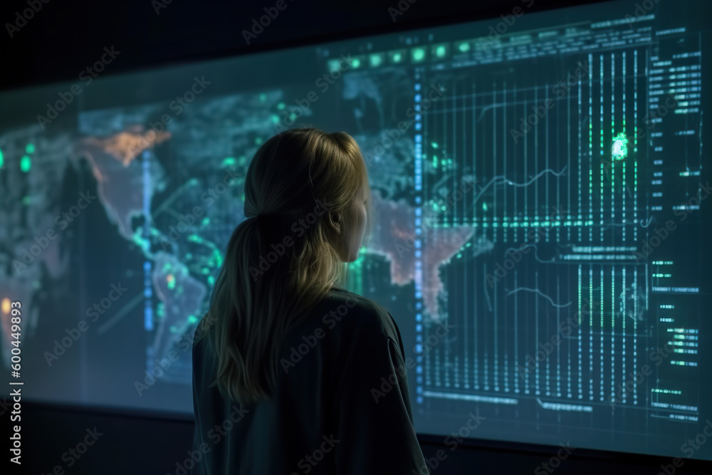 Generative AI image of back view of unrecognizable female standing in front of large monitor displaying world map with continents and observing changing statistics with neon lights Generative AI image of back view of unrecognizable female standing in front of large monitor displaying world map with continents and observing changing statistics with neon lights