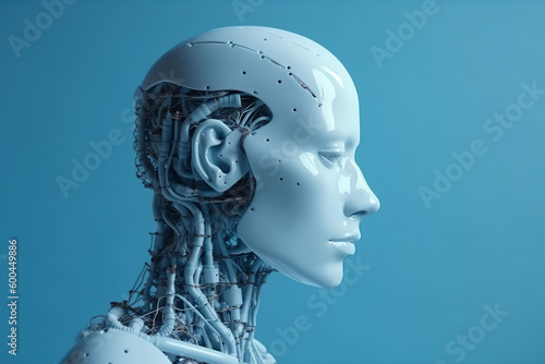 Generative AI image of side view of robot female on blue background while created with futuristic technology with wires connected from body to head photo