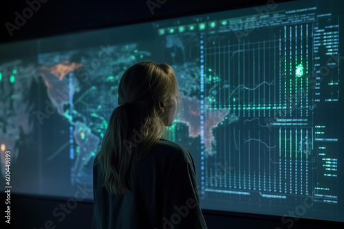 Generative AI image of back view of unrecognizable female standing in front of large monitor displaying world map with continents and observing changing statistics with neon lights photo
