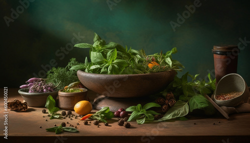 Fresh organic ingredients on rustic wooden table generated by AI