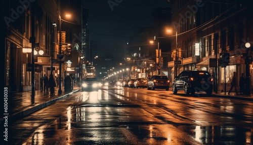 Bright headlights illuminate crowded city streets at night generated by AI