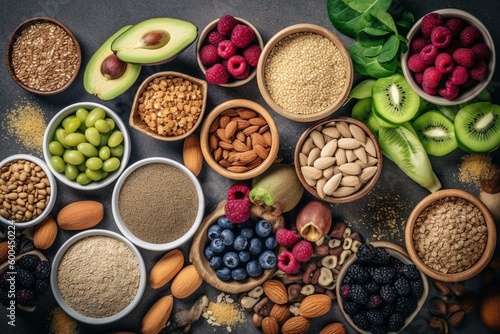 Top view of fiber-rich vegan food selection including fruits  vegetables  seeds  and superfoods  perfect for cooking. Copy space available. Generative AI