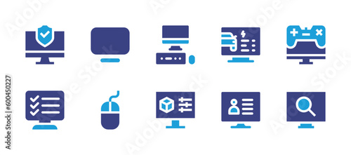 Fototapeta Naklejka Na Ścianę i Meble -  Computer icon set. Duotone color. Vector illustration. Containing cyber security, monitor, computer science, diagnostic, virtual reality, exam, mouse, settings, user, search.