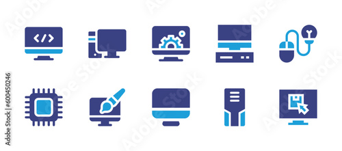 Computer icon set. Duotone color. Vector illustration. Containing coding, computer, cms, chip, graphic design, personal computer. © Huticon