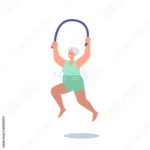 Senior old woman character doing aqua aerobics exercise swimming with noodles in water pool