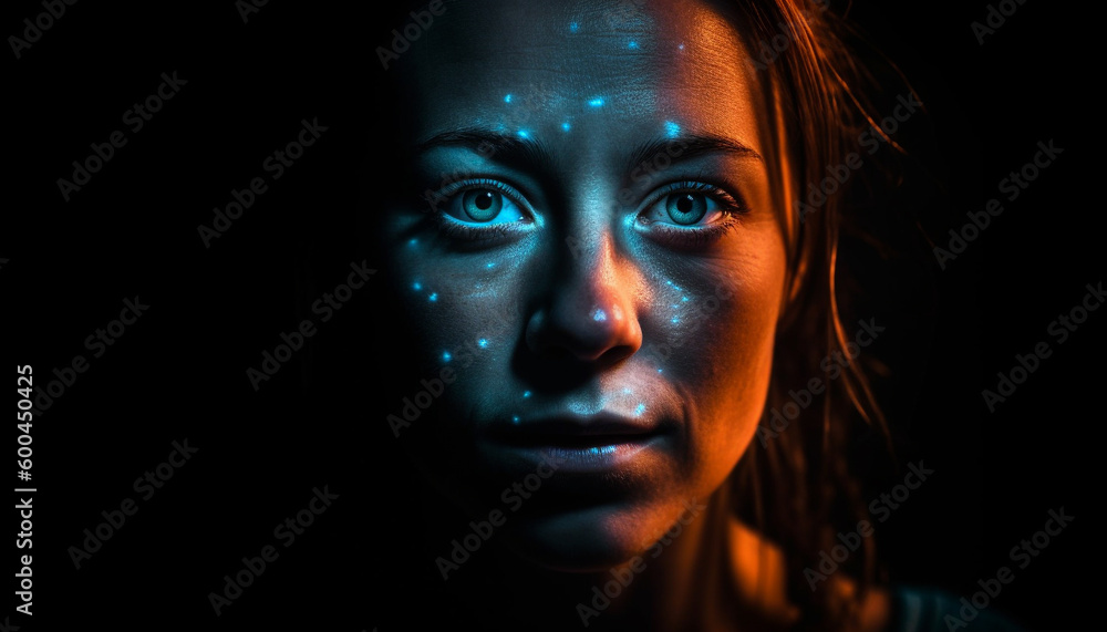 Serious young woman with wet hair illuminated generated by AI