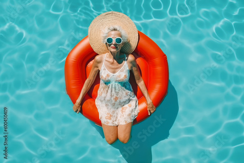Top view of Generative AI illustration of elderly gray haired woman in summer dress sunglasses and straw hat relaxing on red inflatable ring mattress while swimming in pool during vacation photo