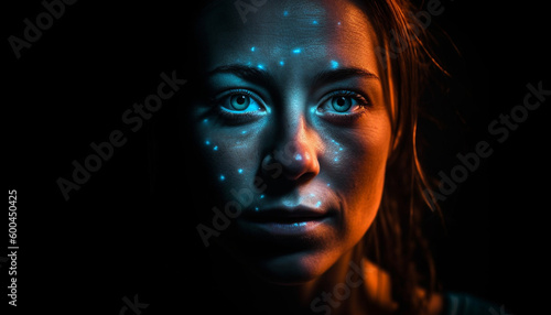 Serious young woman with wet hair illuminated generated by AI