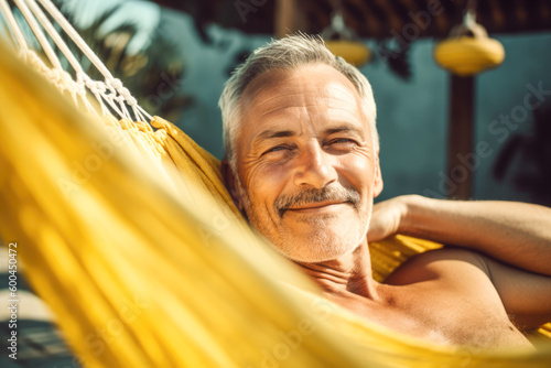 Generative AI illustration of happy elderly bearded gray haired male lying on hammock while resting on summer sunny photo