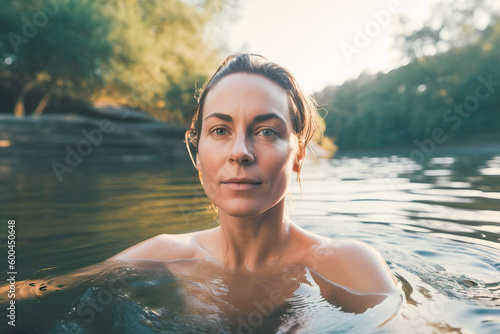 Generative AI illustration of young woman looking at camera while swimming in green lake water surrounded by trees and mountains