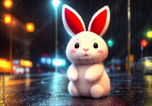 A stuffed rabbit lies in the rain on the soaked asphalt in the center of the metropolis. Generative AI.