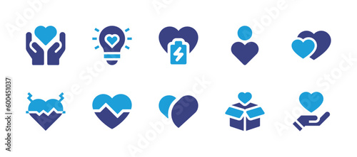Heart icon set. Duotone color. Vector illustration. Containing protection, lightbulb, heart, user, heart attack, heart rate, charity, support.