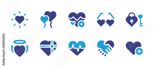 Heart icon set. Duotone color. Vector illustration. Containing glow, heart balloon, heart rate, heart glasses, heart lock, heart wings, gift, cardiogram, handshake, heart.