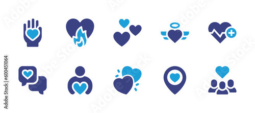 Heart icon set. Duotone color. Vector illustration. Containing love, heart, heart beat, love message, charity, like, location, group.