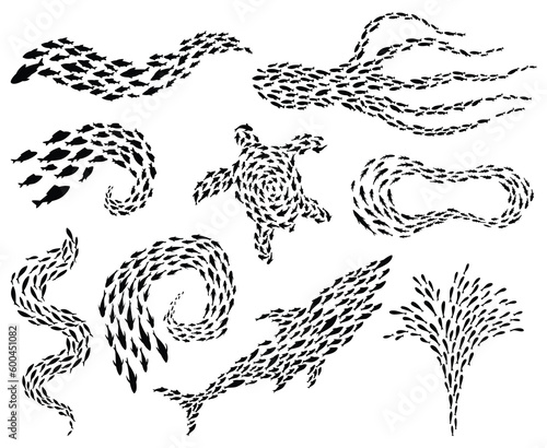Fish school or shoal, vector silhouette set. Shoal of fishes isolated on white. Sea fishes group in ocean or marine water. Illustration of colony small fish