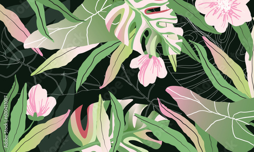 seamless pattern with tropical leaves and flowers