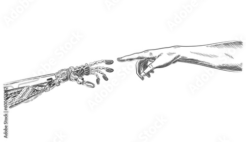 Hands robot and human touching with fingers. Virtual reality or artificial intelligence technology concept - hand draw sketch design illustration
