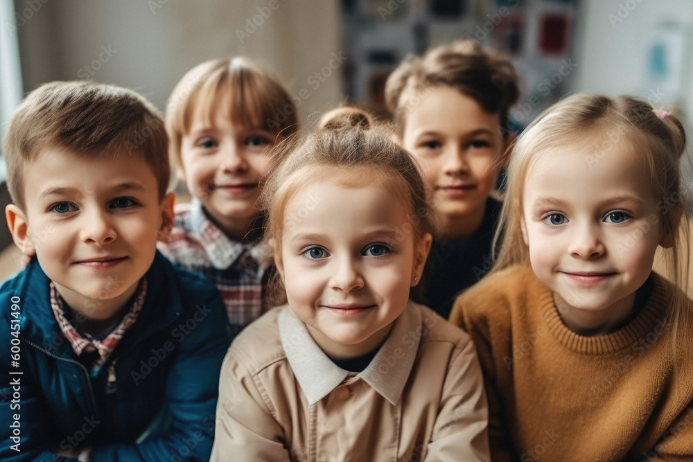 Generative AI illustration of cute kindergarten children standing in playroom and smiling while looking at camera during school day Generative AI illustration of cute kindergarten children standing in playroom and smiling while looking at camera during school day