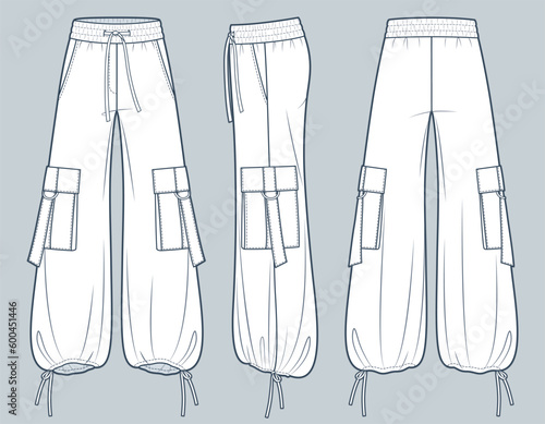 Wide leg Pants fashion flat technical drawing template. Drawstring Pants technical fashion Illustration, oversize, pocket, front, side and  back view, white, women, men, unisex CAD mockup set.