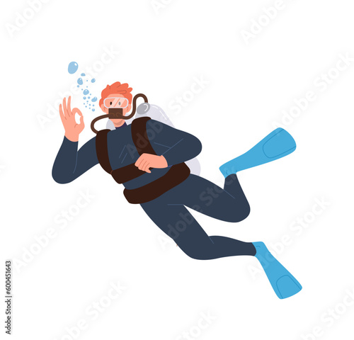 Scuba diver wearing wetsuit costume, snorkeling mask and flippers isolated on white background
