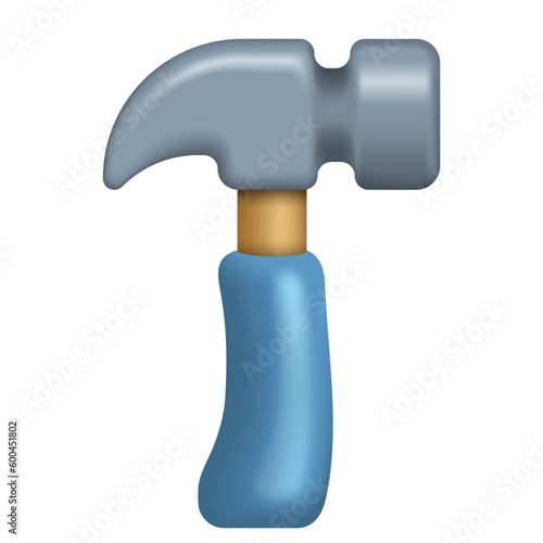 Small construction 3d hammer in a cute kid's style in the form of a plastic toy for repair and nailing. Vector illustration of a classic mallet with a wooden and blue rubber handle