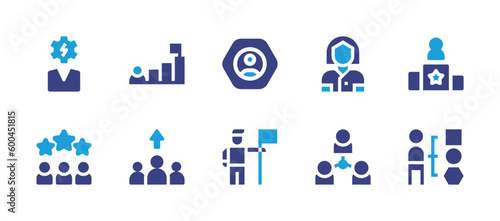 Leadership icon set. Duotone color. Vector illustration. Containing user, objective, management, chief, podium, team, teamwork, goal, assortment.