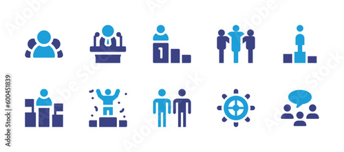 Leadership icon set. Duotone color. Vector illustration. Containing teamwork, speech, hierarchy, team, podium, pioneer, pedestal, people, steering wheel, group.