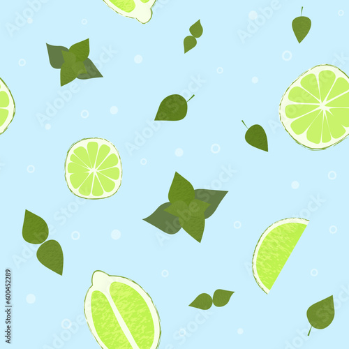 Lime mint mojito pattern. Summer fruits textured. Hand drawn organic vector illustration