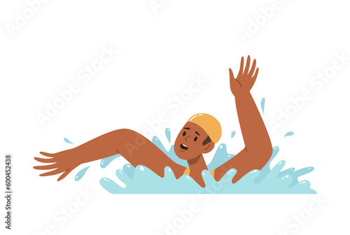 Stressed man wearing swimming hat drowning splashing in water asking for help vector illustration