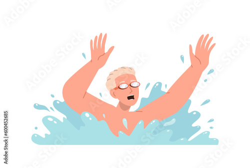 Teenage boy cartoon character wearing swimming protective goggles drowning in sea or ocean water