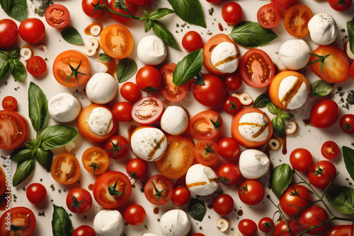 Mediterranean Delights: Tomato, Mozzarella, and Basil Adorned Seamless Background for Gourmet Food Pairing. AI Generative