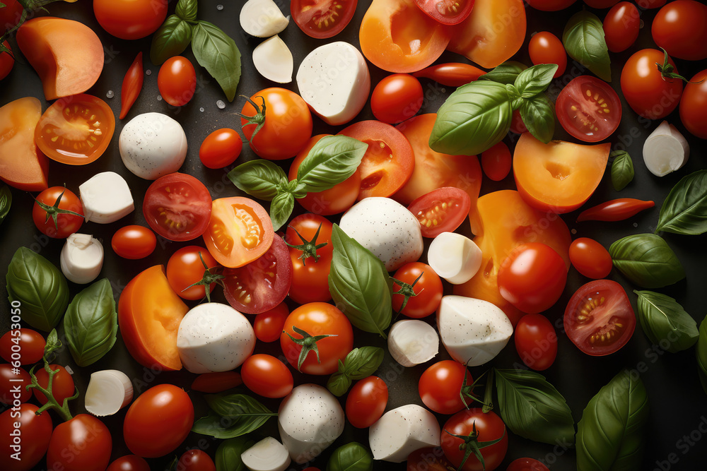 Mediterranean Delights: Tomato, Mozzarella, and Basil Adorned Seamless Background for Gourmet Food Pairing. AI Generative Mediterranean Delights: Tomato, Mozzarella, and Basil Adorned Seamless Background for Gourmet Food Pairing. AI Generative