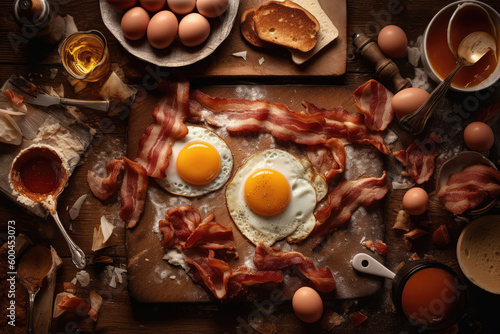 Gourmet Breakfast Aesthetics: A Seamless Culinary Background Showcasing Palatable Sunny Side Up Eggs and Deliciously Greasy Strips of Bacon - A Feast for the Eyes and Taste Buds.