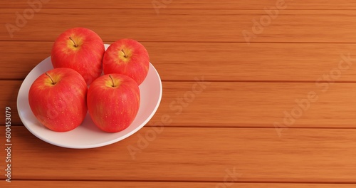 3d illustration of sliced apples on a dish and placed on a wooden table.