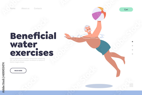 Beneficial water exercises for elderly people landing page with happy old man swimming with ball