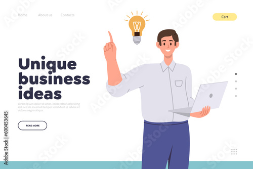 Unique business idea landing page design template with happy man having successful solution
