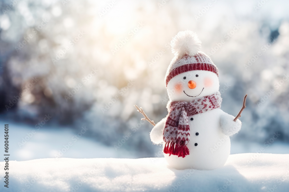 Winter scenery with snowman in snowdrift. Merry Christmas and Happy New Year greeting card. Generative AI. Winter scenery with snowman in snowdrift. Merry Christmas and Happy New Year greeting card. Generative AI.