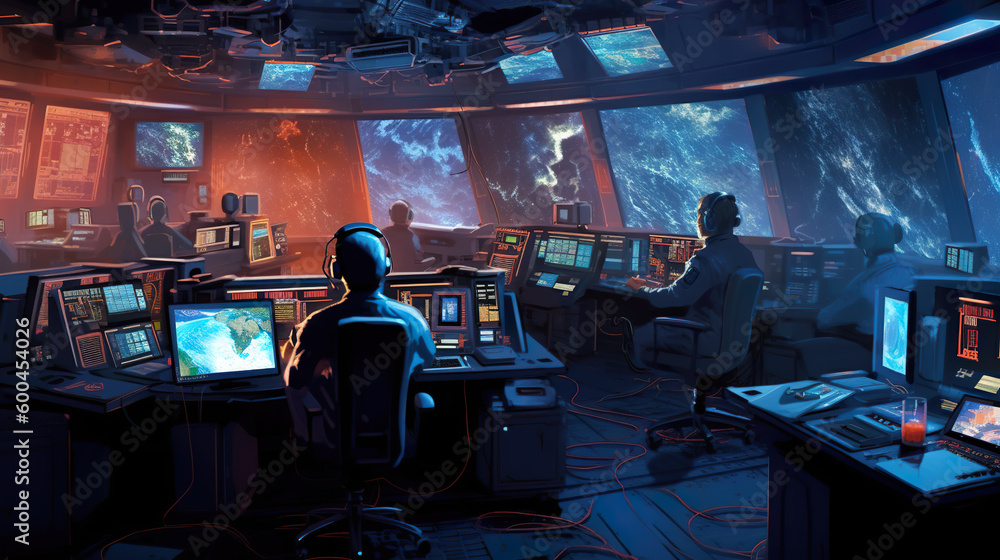 A mission control room full of computer monitors and people watching monitors. Generative AI. A mission control room full of computer monitors and people watching monitors. Generative AI.