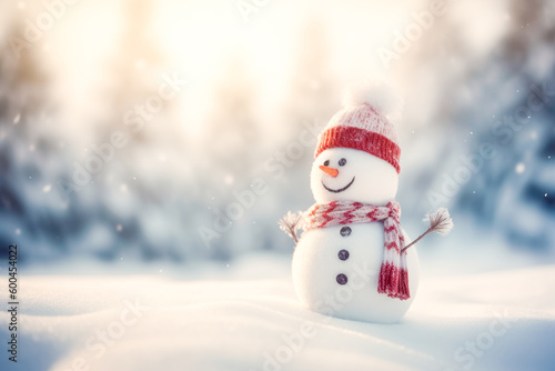 Winter scenery with snowman in snowdrift. Merry Christmas and Happy New Year greeting card. Generative AI. © julijadmi