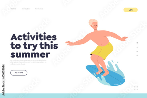 Activities to try this summer landing page design template with young man surfer catching waves